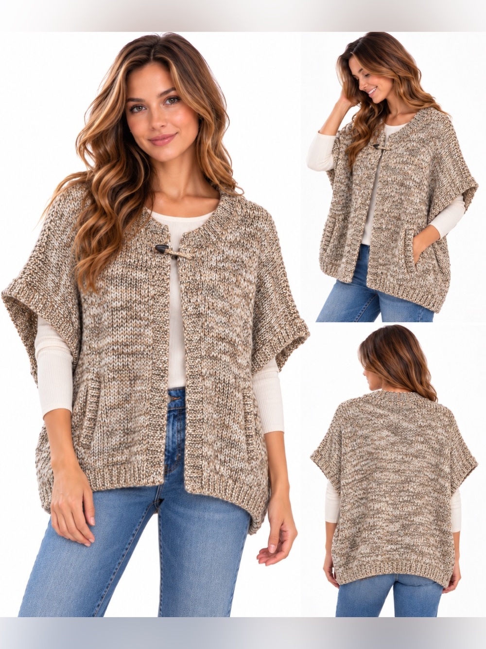 Pure Jill J. Jill Marled Wool Alpaca Poncho Sweater front pin closure Oversized